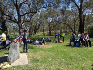 Mr Ben Penhall reciting a poem to the marchers on the road to Euchareena 24/10/2015
