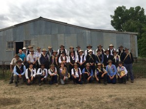 Marchers in front of the woolshed at Bathampton, on the site of the original woolshed where the Coo-ees stayed in 1915 31/10/2015